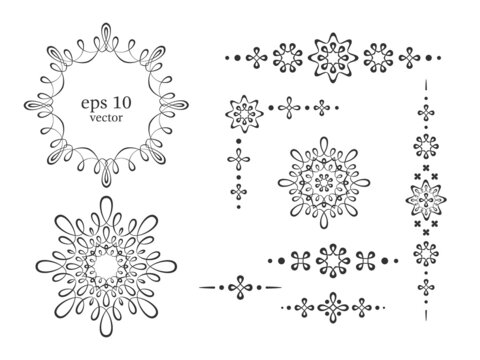 A set of decorative elements for design - twisted dynamic lines and loops, stylized flowers and stars, calligraphy. Vector illustration on white background.