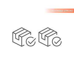 Delivery box with check mark line vector icon. Parcel and checkmark outline symbol, editable stroke.