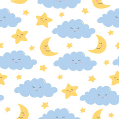 Seamless pattern of colorful smiling clouds, moon and stars on white background. Cartoon character in flat style. Vector illustration