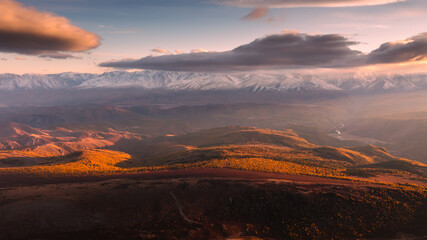 Golden autumn of Altai Republic. View of the Severo-Chuyskiy Khrebet