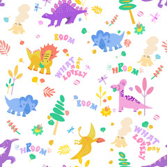 Cute dinosaurs in Jurassic forest. Seamless pattern. What a lovely day, boom, hroom. Lettering hand drawn font on fabric. Scandinavian cartoon childrens illustrations. Vector colored symbols.
