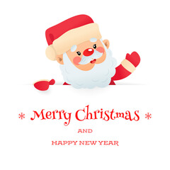 Cute Merry Christmas and Happy New Year greeting card. Winter backdrop with a funny Santa Claus holding a big signboard on a white background. Vector illustration 10 EPS.