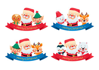 Set of cute cartoon winter holiday badges. Four christmas illustrations of Santa Claus and Christmas characters with holiday greetings isolated on a white background. Vector illustration 10 EPS.