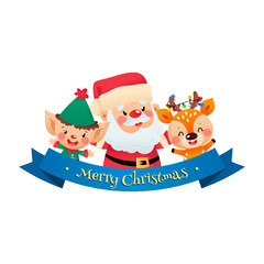 
Cute Merry Christmas card with cartoon characters. Winter holiday badge with cute funny Santa Claus, an elf, a deer and a blue ribbon isolated on a white background. Vector illustration 10 EPS.