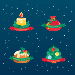 Set of cute cartoon winter holiday badges. Four christmas illustrations of Christmas symbols and ribbons with holiday greetings on a background of snowy night. Vector illustration 10 EPS.