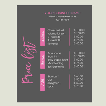 Printable Price Sheet, Price Guide, Hair Salon, Hairdresser, Beauty, Pink Price List Template