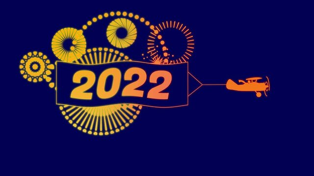 Animation of flying Biplane with banner 2022 Happy New Year and firework sparkle