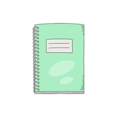 Notebook hand drawn sketch. Green color Classic School Ring Binder Spiral Notepad, doodle vector illustration.