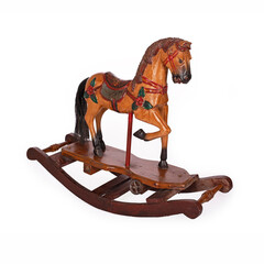 Vintage wooden rocking horse toy on white background