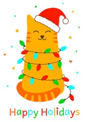 Cute cat in red Santa hat and light bulbs. Happy Holidays greeting card. Funny tiger cat with christmas light. New Year's pet tangled in garlands. Isolated on a white background. Vector Illustration.
