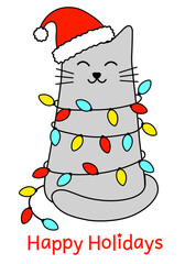 Cute cat in red Santa hat and light bulbs. Happy Holidays card. Character funny cat with christmas light. New Year's pet entangled in garlands. Isolated on a white background. Vector Illustration.