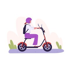 Fototapeta na wymiar Person riding electric scooter. Woman driving eco moped. Rider in helmet sit on bike seat. Student with backpack travel by modern transport. Flat vector illustration isolated on white background