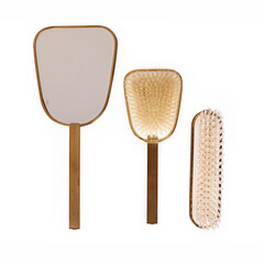 Vintage mirror and comb and brush on white background 
