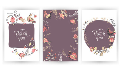 Vector set card, lettering Thank you with flowers, birds in Scandinavian style.