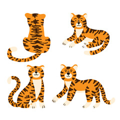 Fototapeta na wymiar Set of cute cartoon tigers in different poses isolated vector illustration. Symbol of chinese holiday, 2022 new year character. Wildlife and fauna theme, cat jungle, wild mammal mascot