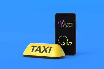 Taxi ordering around the clock. Calling passenger transport online. Work schedule without days off. Yellow cab sign near mobile phone with inscription fast taxi 24 7. 3d render