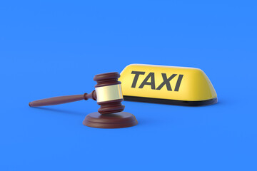 Yellow taxi sign near judge hammer. Work license. Rights and obligations of passengers. Violations of the rules. Responsibility for poor service. Company confiscation. 3d render