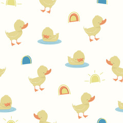 Seamless pattern with little duckling. Vector background.