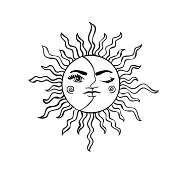  Esoteric symbols of the sun and moon with a face. Celestial signs.