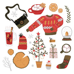 How to save alive in winter. Doodle collection of winter symbols and things, Chrismas decorations, cozy and bright.