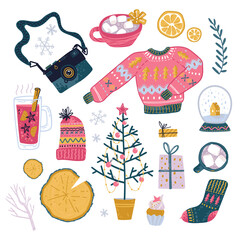 How to save alive in winter. Doodle collection of winter symbols and things, Chrismas decorations, cozy and bright.