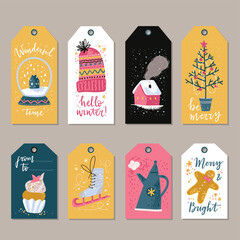 Winter holday gift tags. Christmas and New Year decorations with hand lettering.