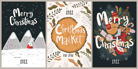 Merry Christmas. Christmas market. Christmas greeting cards or posters with the winter illustrations and hand drawn lettering.
