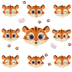 A set of nine heads of cute Tiger with different emotions. Cartoon, flat style, vector.
