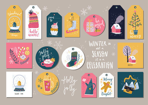 Winter holday cards and gift tags. Christmas and New Year decorations with hand lettering.
