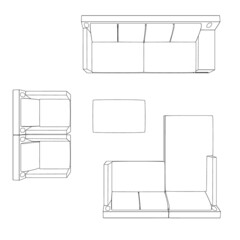 Contour of sofa, armchair and table from black lines isolated on white background. View from above. Vector illustration