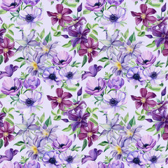 Fototapeta premium Purple Anemones, clematis, leaves and bud watercolor hand drawing. Floral seamless pattern