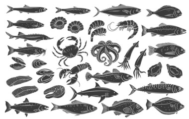 Seafood and fish glyph icon set. Monochrome herring, squid, octopus, salmon, halibut oysters and scallops. Engraved fish bream, mackerel, tuna or sterlet, catfish, codfish and halibut, lobster, crab