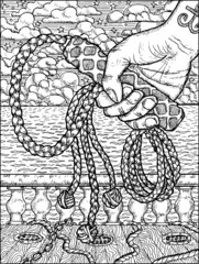 Black and white illustration with hand holding whip against the background of ship deck, ropes and sea waves. Vector vintage drawings, marine concept, coloring book page