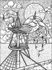 Black and white illustration of elegant stork in the nest on ship mast against the background of sea, moon and clouds. Vector vintage drawings, marine concept, coloring book page