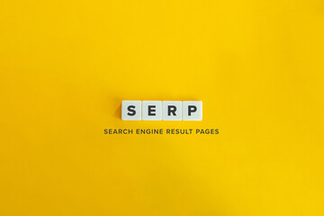 Search Engine Result Pages (SERP) banner. Block letters on bright orange background. Minimal aesthetics.