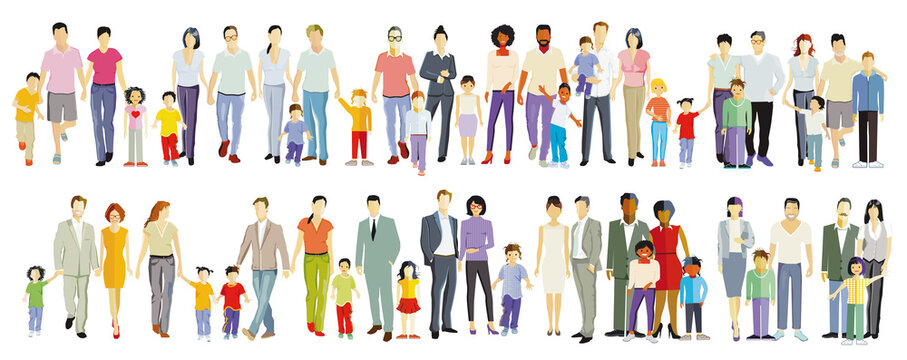Eltern und Kinder, Familien Gruppen isoliert auf weiß, illustration