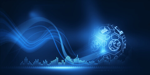 Creative spherical business interface hud on blue background. Technology, finance and innovation. 3D Rendering.