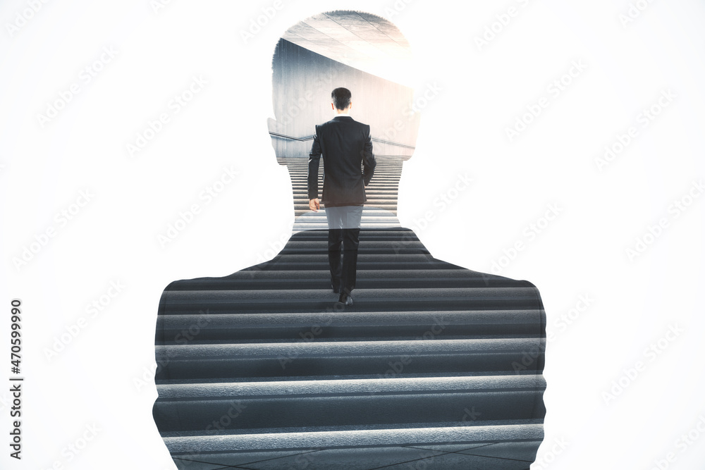 Poster abstract image of attractive european businessman walking on abstract stairs on white background wit
