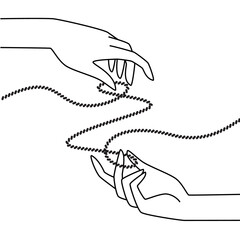 Hands holding loops of rope yarn linear illustration