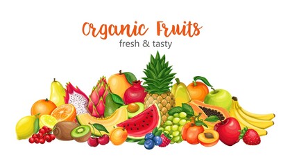 Fruits and berries banner, vector illustration. Compositions of Pitaya, pomegranate, raspberries, strawberries, grapes, currants and blueberries . Lemon, peach, apple, orange watermelon and avocado