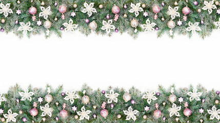 Christmas border with Christmas tree garland decorated with pink and gold glitter balls, white...