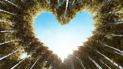 Obraz premium Concept or conceptual heart shape symbol made of forest tree branches over a blue sky background as romantic frame. A metaphor to love, Valentine Day celebration, environment ecology 3D illustration