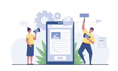 Woman with megaphone or bullhorn advertising product on smartphone screen.