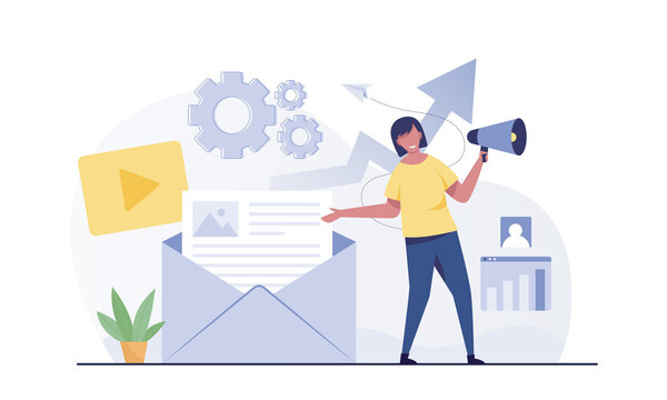 Woman with megaphone or bullhorn on screen of email.