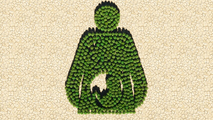 Concept or conceptual group of green forest tree on dry ground background, sign of pregnant woman. A 3d illustration metaphor for motherhood, maternity, awaiting, love, care, life, miracle and joy