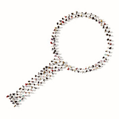 Naklejka premium Concept or conceptual gathering of people forming an image of a magnifying glass on white background. A 3d illustration metaphor for science, research, fun, games and exploration.