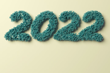 Inscription 2022 in intertwined branches of silver spruce. 3D render.