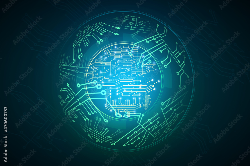 Poster Abstract glowing digital circuit sphere on blue backdrop. Hardware, technology and innovation concept. 3D Rendering.