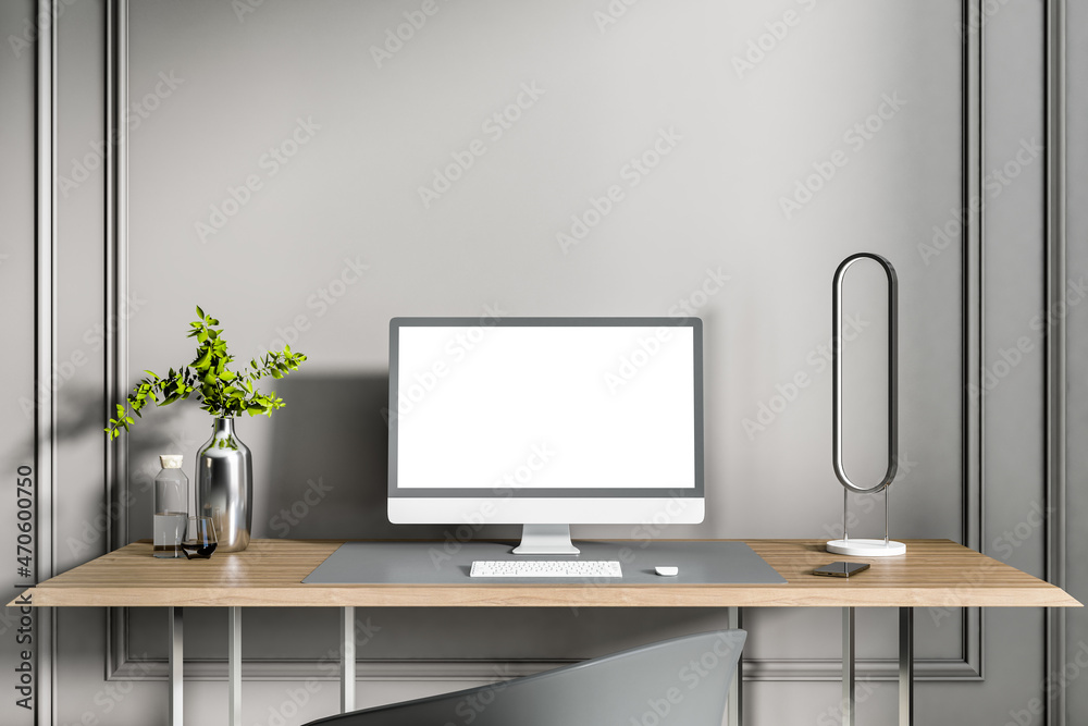 Poster close up of creative designer desktop with clean white computer screen, keyboard, decorative plant a