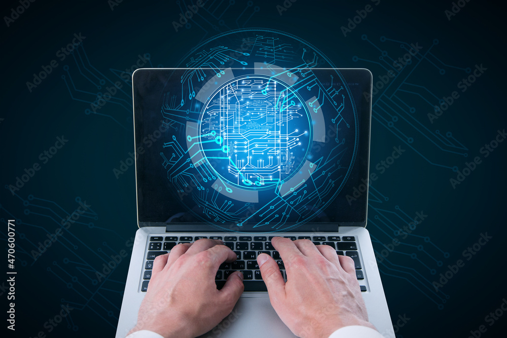 Aufkleber close up of hands using laptop with bstract glowing digital circuit sphere on blue background. hardw